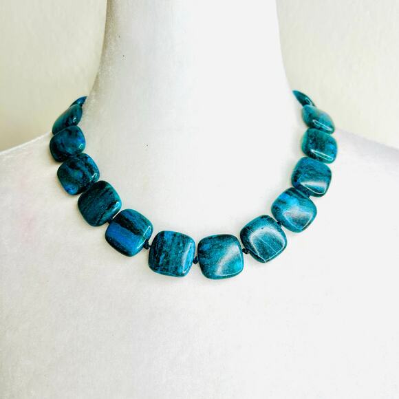 Chrysocolla Polished Square Beaded Necklace Blue Green - Picture 1 of 6
